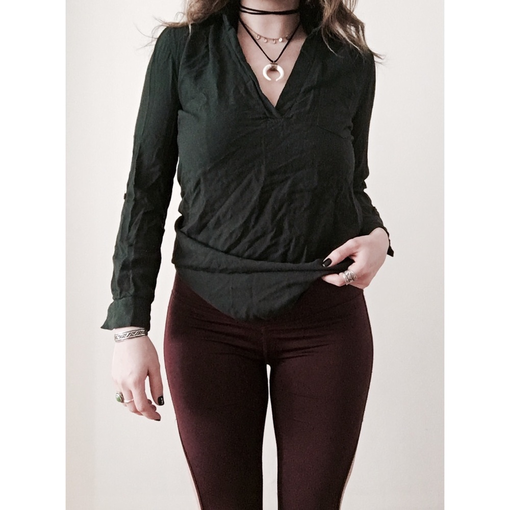Sparkle & Fade Forest Green V Neck Collared Blouse
